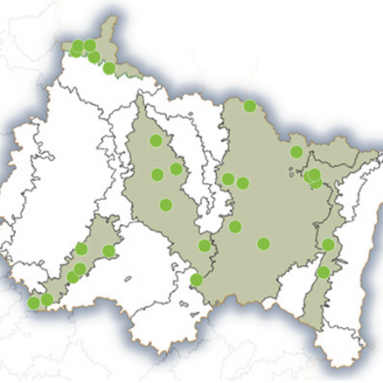 Carte Grand Est des régions fourragères et des sites suivis dans le cadre de l’Onph en 2024.
