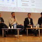 Pascaline Pierson (Arvalis), Clément Munier (Crage), Mathias Sexe (Emc2) et Elie Langard (lycée agricole de Pflixbourg, 68) ont échangé sur les freins au changement de pratique dans le cadre des problématiques de désherbage. Photo : H.Flamant