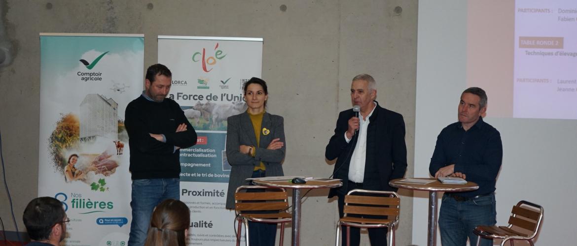 De g. à d. : Fabien Crémel, chargé de la commercialisation des produits Cloé, Anne-Laure Vabre, responsable filières du groupe Bigard, Dominique Guineheux, responsable des achats du groupe Bigard, et Xavier Lerond d’Interbev Grand Est. Photo DL.